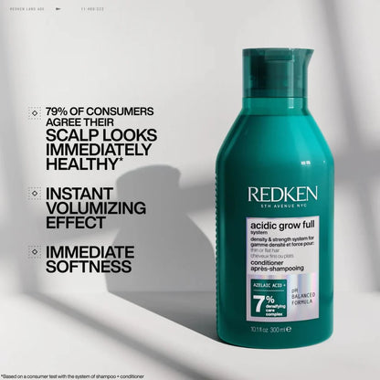 Redken Acidic Grow Full Density and Strength conditioner bottle with benefits on a white background