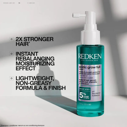 Redken hair serum bottle with product features on a gray background