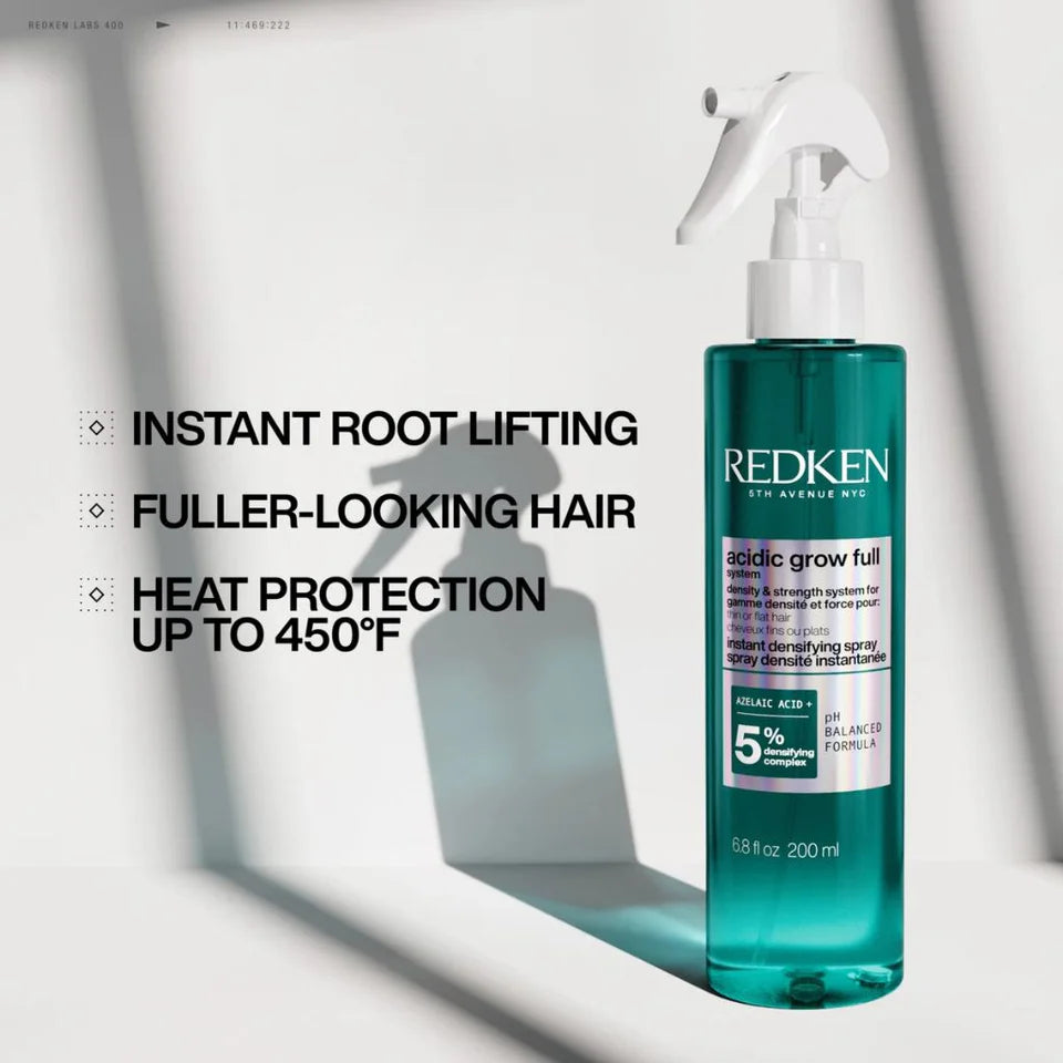 Redken Acidic grow full densifying spray specs with text highlighting features on a white background