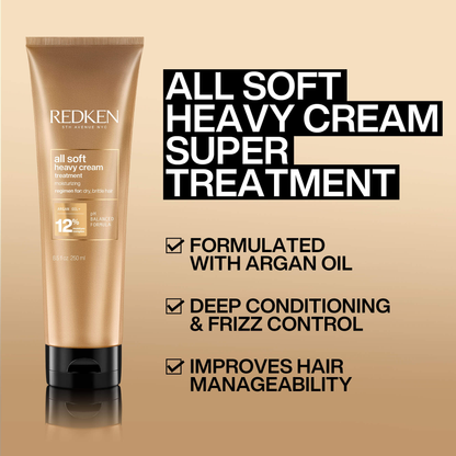 Redken All Soft Heavy Cream Super Treatment on a beige background with product details.