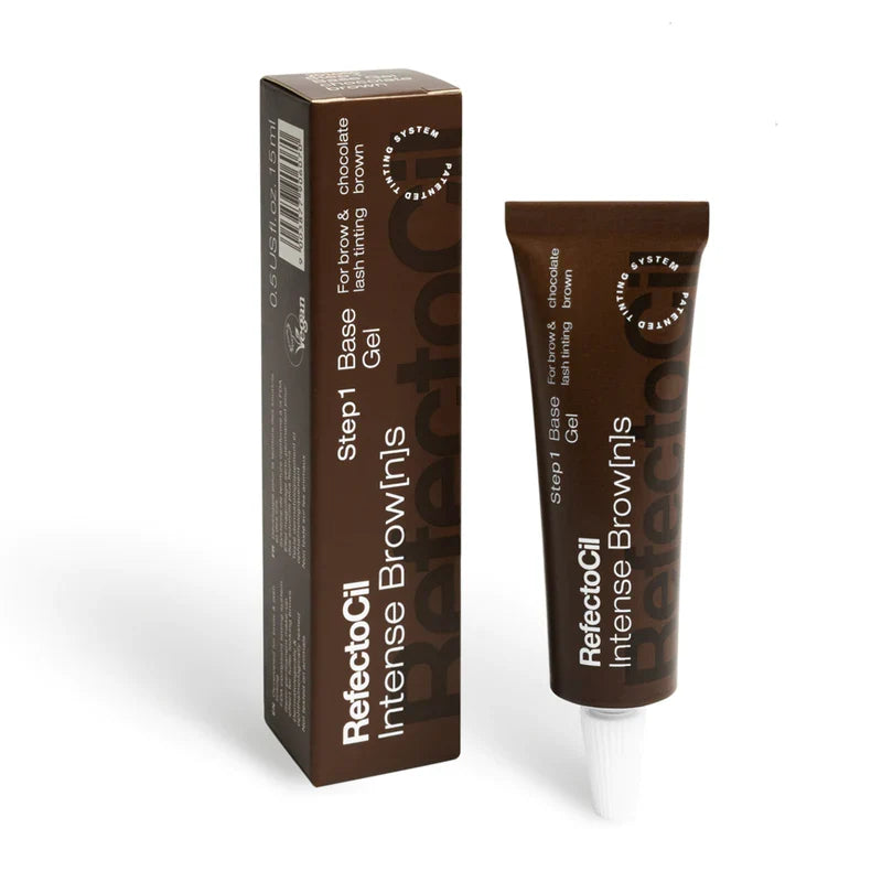 A tube and box of Reflectocil Intense BrownJs Step 1 Base Gel in chocolate brown, shown on a clean white background.