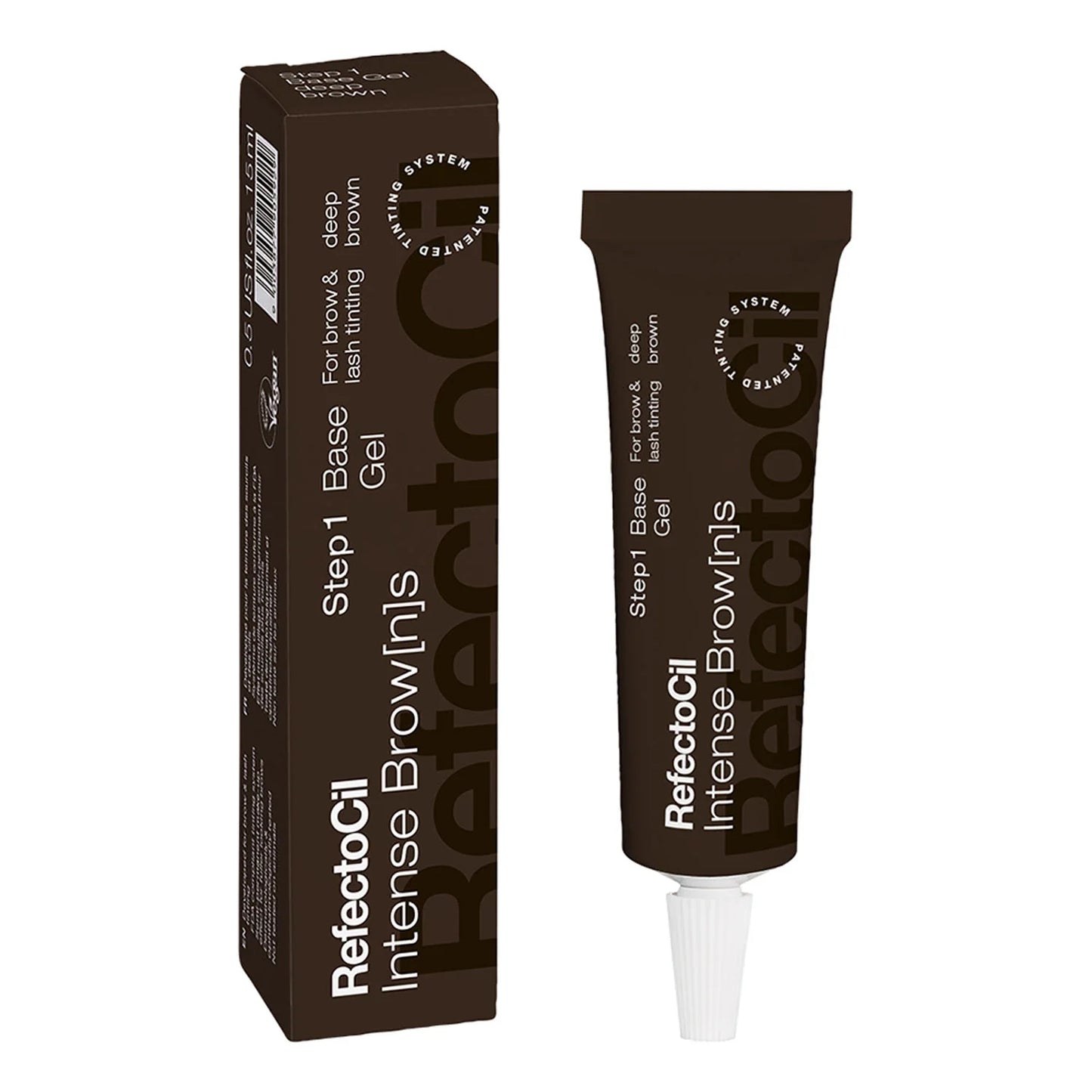 Reflectocil Intense Brow Gel Step 1 base and lash lifting brown gel shown as a dark brown squeeze tube next to its matching dark brown retail box on a white background.