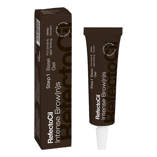 Reflectocil Intense Brow Gel Step 1 base and lash lifting brown gel shown as a dark brown squeeze tube next to its matching dark brown retail box on a white background.