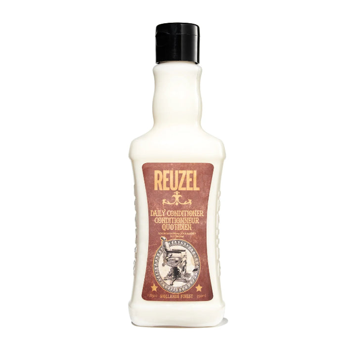 A bottle of Reuzel Daily Conditioner in an off-white plastic container with a black cap and a brown label, shown against a plain white background.