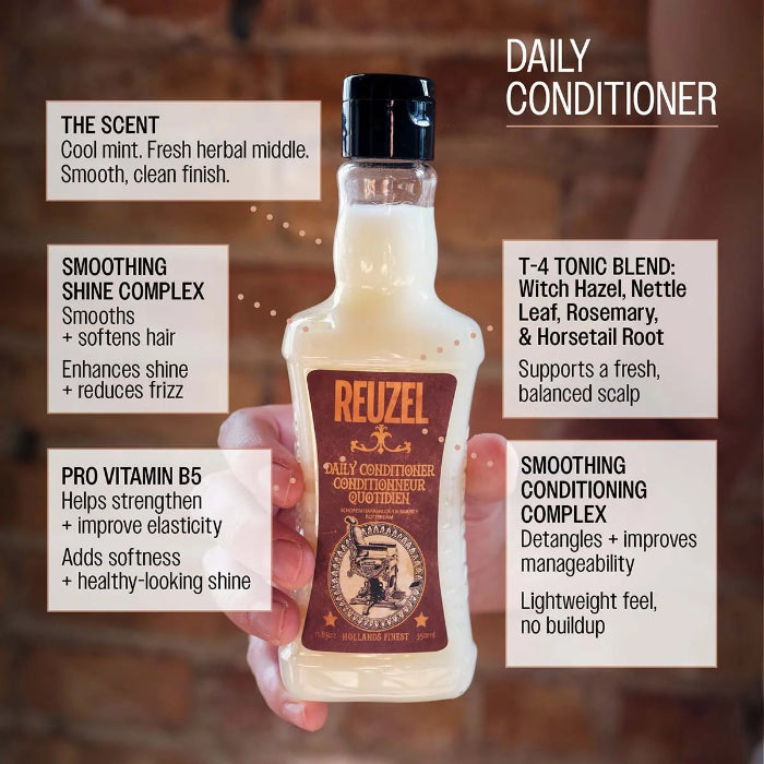 Reuzel Daily Conditioner bottle held by a hand with product features displayed.
