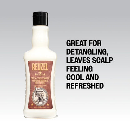 Bottle of Reuzel daily conditioner with text on a gray background