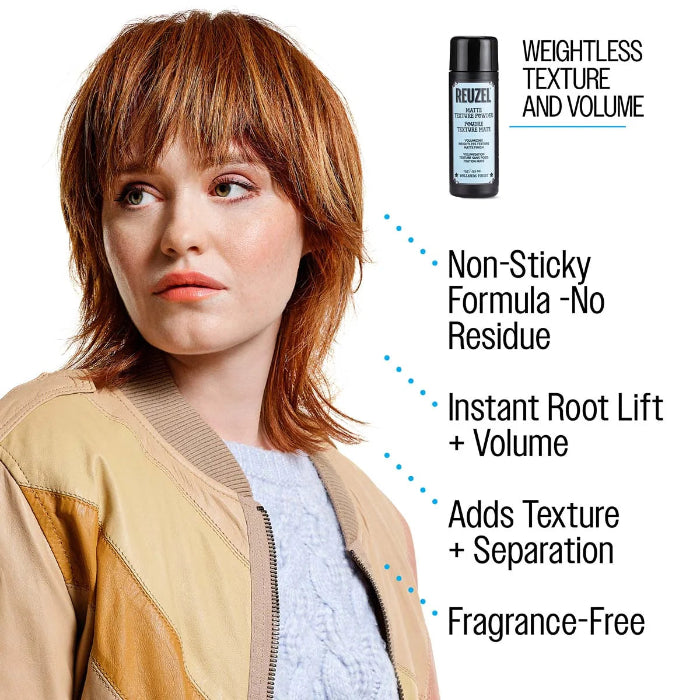 Woman with styled hair next to a bottle of hair product with text highlighting features.