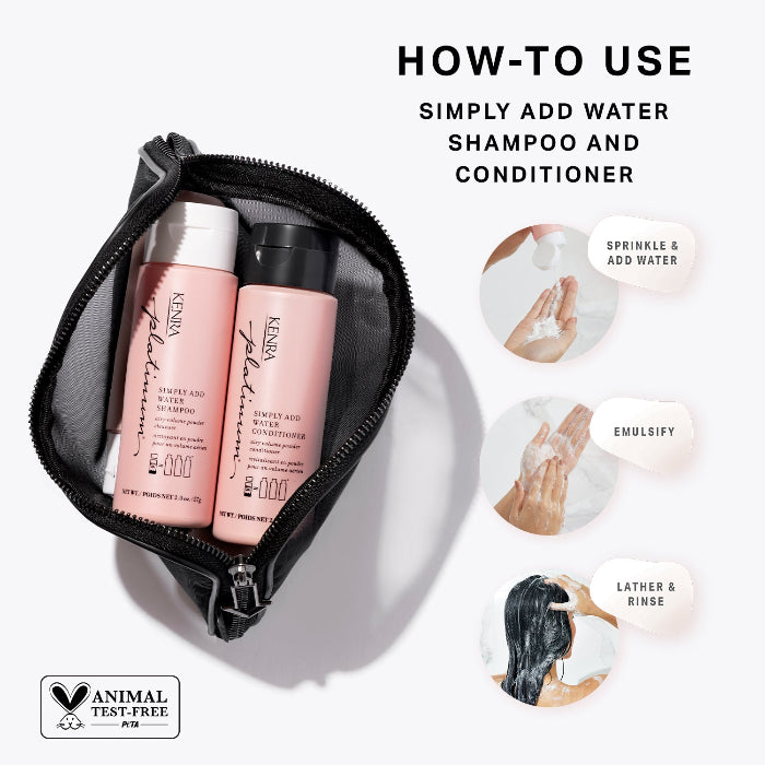 Kenra Platinum Simply Add Water shampoo and conditioner set with usage instructions on a white background