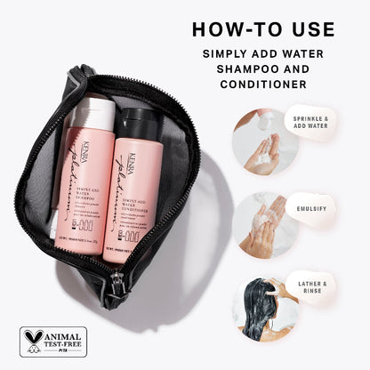 Kenra Platinum Simply Add Water shampoo and conditioner set with usage instructions on a white background