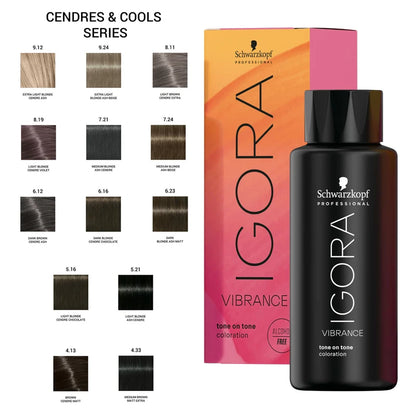 Schwarzkopf Professional Igora Vibrateance tone on tone coloration bottle and box shown on a white background, with shade charts labeled Cendres & Cools Series on the left.