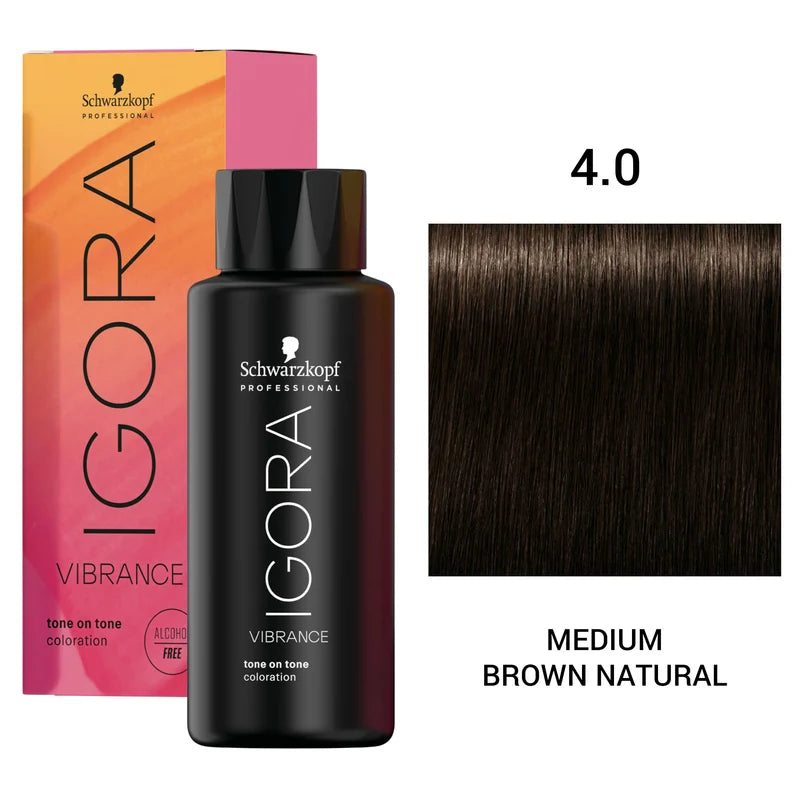 Schwarzkopf Professional Igora Vibration tone-on-tone hair color bottle in shade 4.0 Medium Brown Natural, shown with its pink-to-orange gradient box and a hair swatch on a white background.