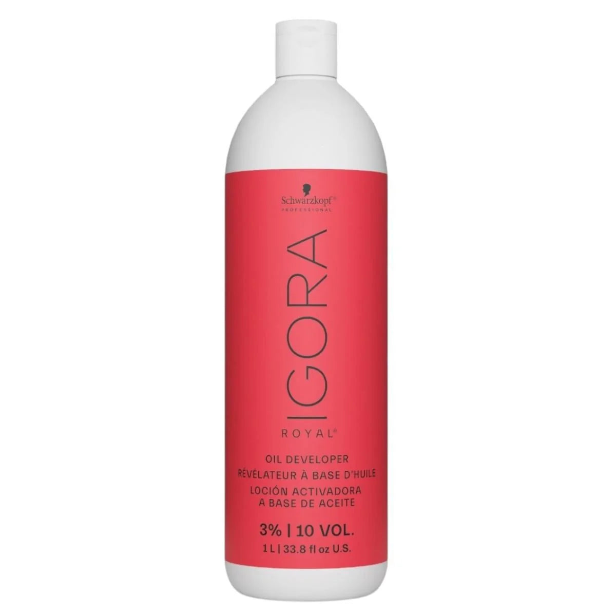 A 1-liter white bottle of Schwarzkopf Professional Igora Royal Oil 10 volume 3% Developer, featuring a bold red label with black text, on a solid white background.