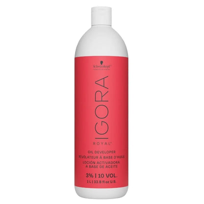 A 1-liter white bottle of Schwarzkopf Professional Igora Royal Oil 10 volume 3% Developer, featuring a bold red label with black text, on a solid white background.