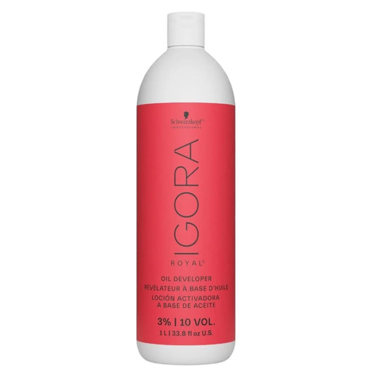 A 1-liter white bottle of Schwarzkopf Professional Igora Royal Oil 10 volume 3% Developer, featuring a bold red label with black text, on a solid white background.