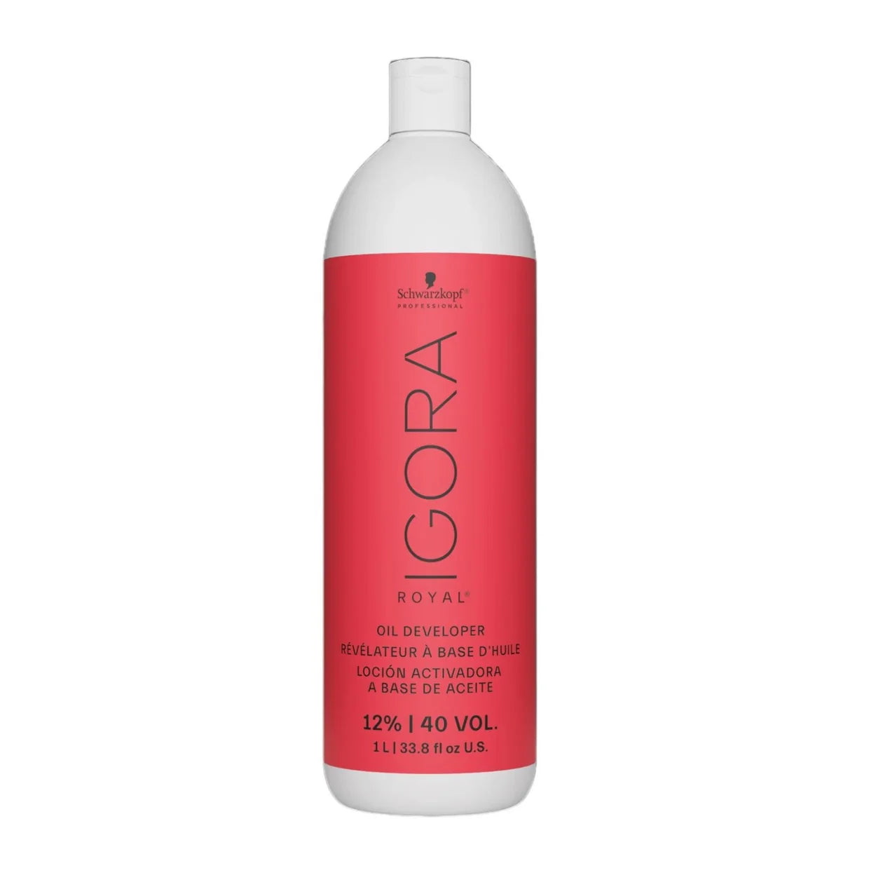 A bottle of Schwarzkopf Professional Igora Royal Oil Developer, 12% 40 volume, featuring a white bottle with a bold coral-pink label.