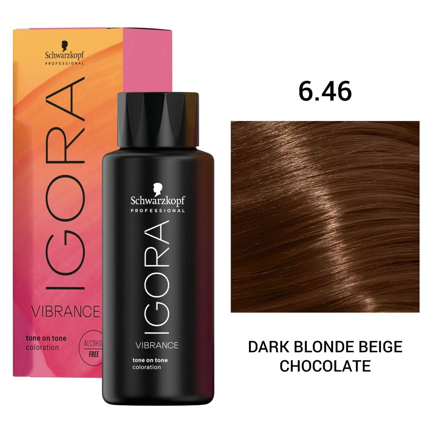 Schwarzkopf Professional Igora Vibrance tone on tone color treatment bottle in shade 6.46 Dark Blonde Beige Chocolate, shown with its pink and orange box and a hair swatch preview.