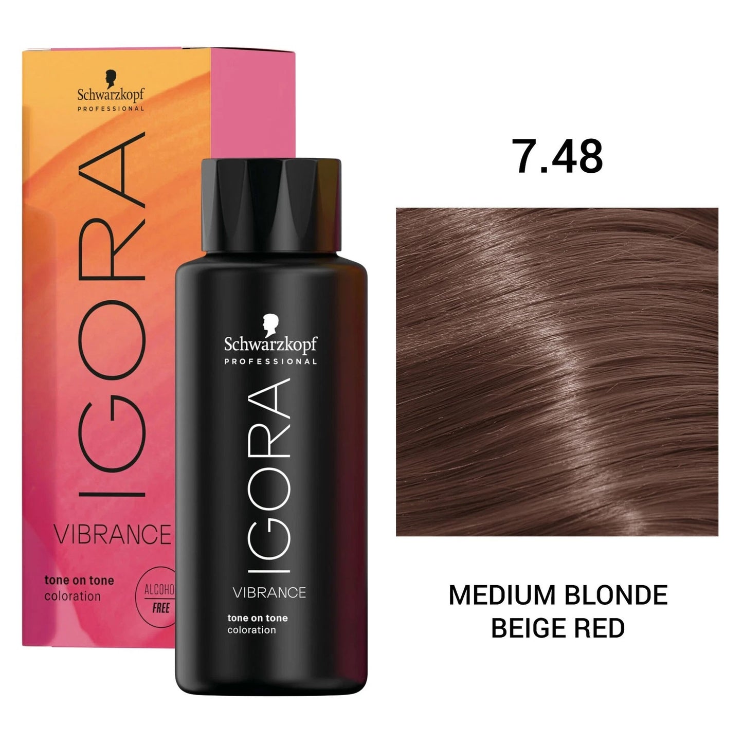 Schwarzkopf Professional Igora Vibration Coloration bottle in shade 7.48 Medium Blonde Beige Red, shown with its pink and orange box and a hair swatch on a white background.