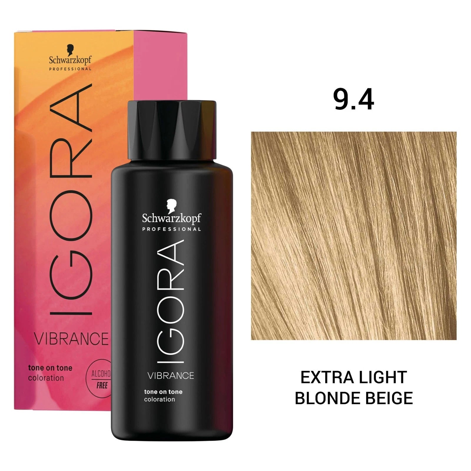 Schwarzkopf Professional Igora Vibrance tone on tone color treatment bottle in shade 9.4 Extra Light Blonde Beige, shown with its pink and orange box and a hair color swatch.