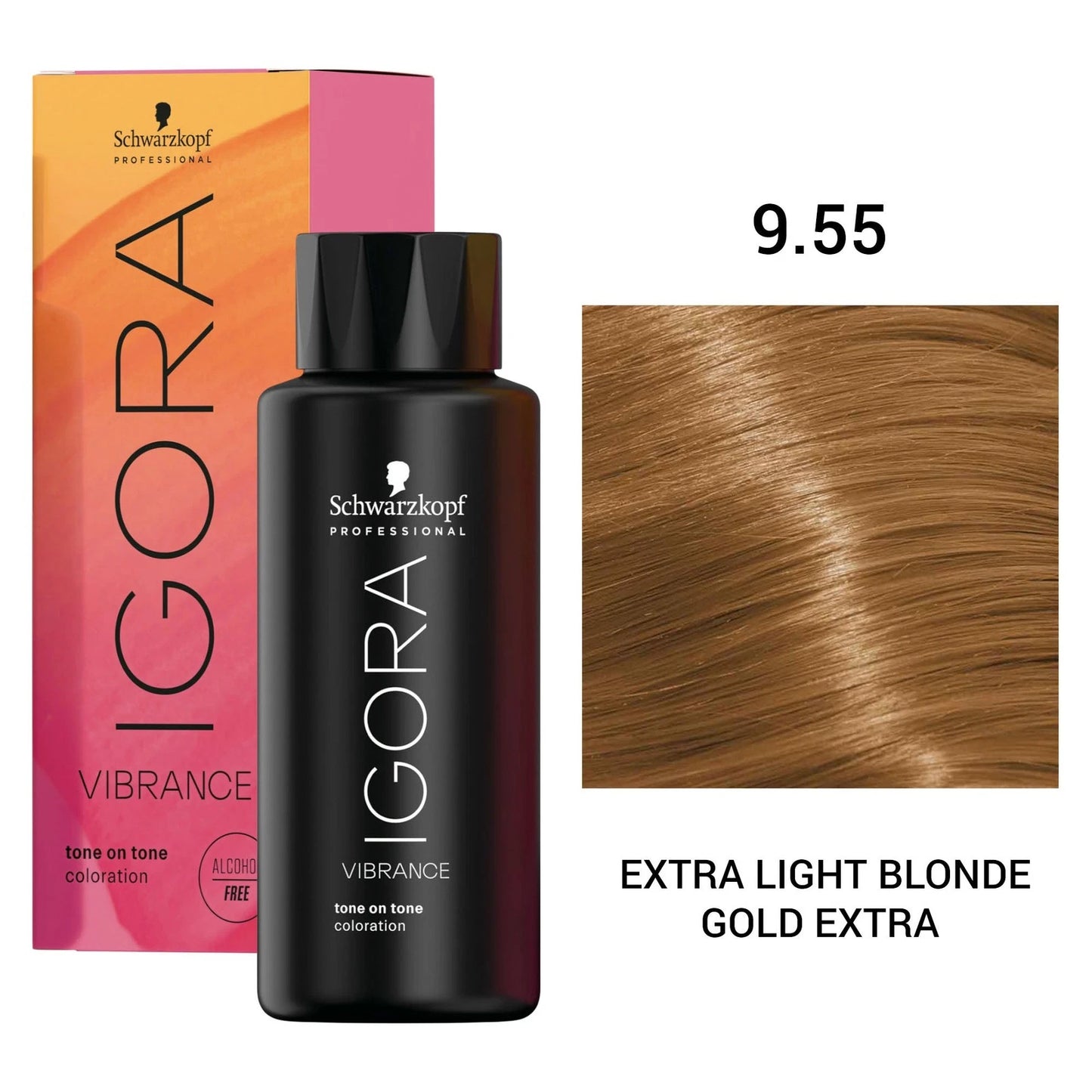 Schwarzkopf Professional Igora Vibrance tone on tone color treatment bottle in shade 9.55, shown with its pink and orange box and a hair color swatch labeled 'Extra Light Blonde Gold Extra'.