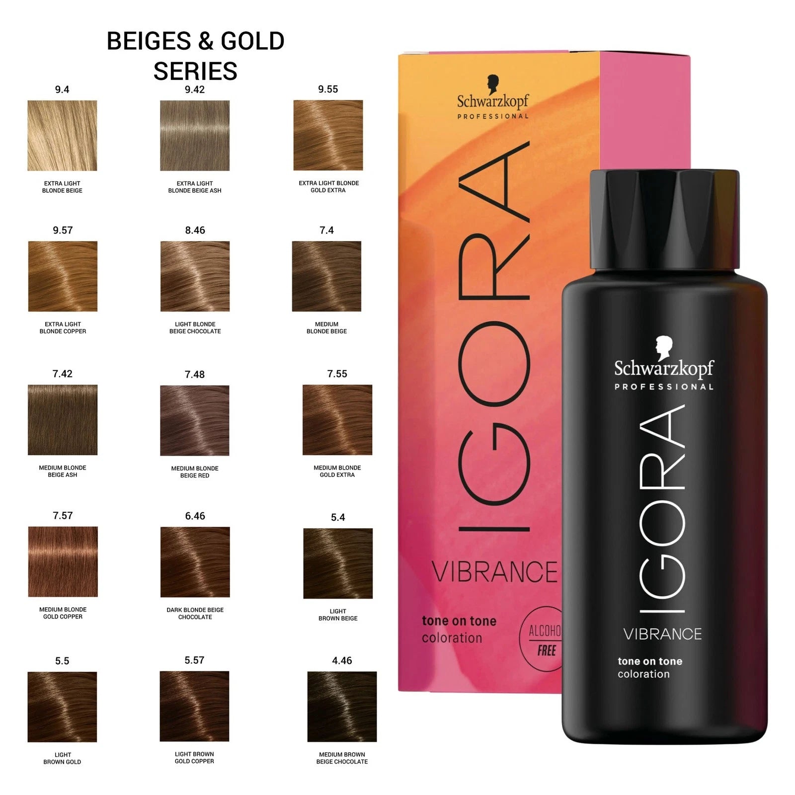 Schwarzkopf Professional Igora Vibrate Viscosity Enhancing Conditioner bottle in a black-to-pink gradient, shown next to its orange-to-pink gradient box. On the left is a color chart labeled 'Beiges & Gold Series' with multiple hair swatches and shade numbers.