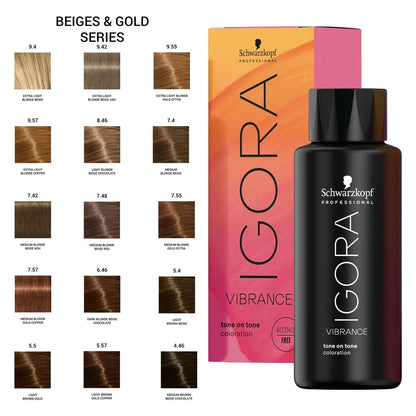Schwarzkopf Professional Igora Vibrate Viscosity Enhancing Conditioner bottle in a black-to-pink gradient, shown next to its orange-to-pink gradient box. On the left is a color chart labeled 'Beiges & Gold Series' with multiple hair swatches and shade numbers.