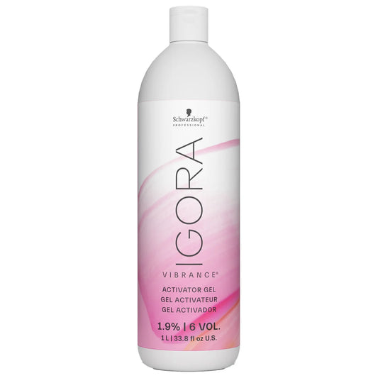 A 33.8 fl oz bottle of Schwarzkopf Professional Igora Vibrance Activator Gel, featuring a white bottle with a pink and purple gradient label on a white background.