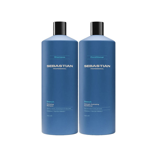 Two blue Sebastian Professional shampoo and conditioner bottles with black caps, shown side by side on a plain white background.