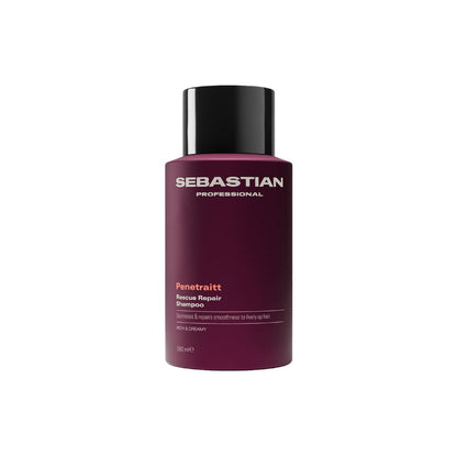 A bottle of Sebastian Professional Penetraitt Hair Repair Shampoo, featuring a deep burgundy bottle with a black cap, set against a plain white background.