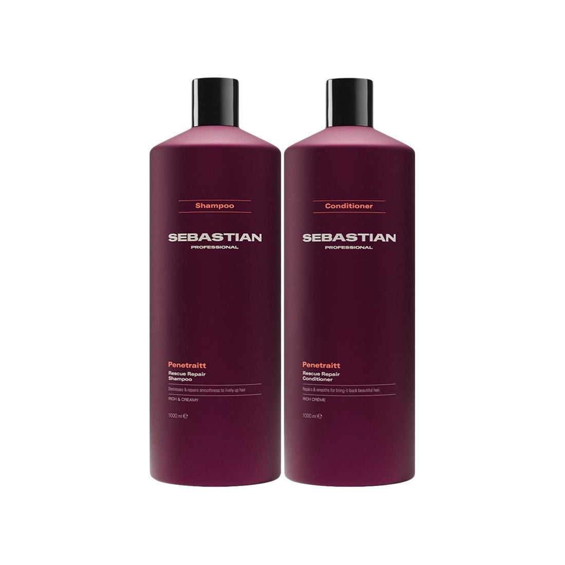 Two large bottles of Sebastian Professional haircare products, Shampoo and Conditioner, in a deep plum purple color with black caps, shown side-by-side on a plain white background.