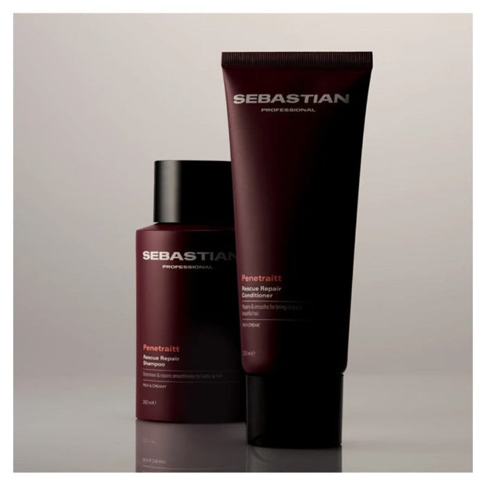 Sebastian haircare set featuring a dark burgundy shampoo bottle and a matching conditioner tube with black caps, displayed on a neutral light gray background.