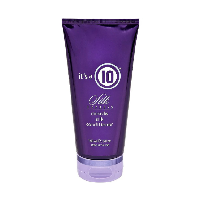 Purple tube of 'it's a 10' Silk Express miracle silk conditioner on a white background