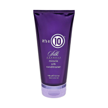 Purple tube of 'it's a 10' Silk Express miracle silk conditioner on a white background