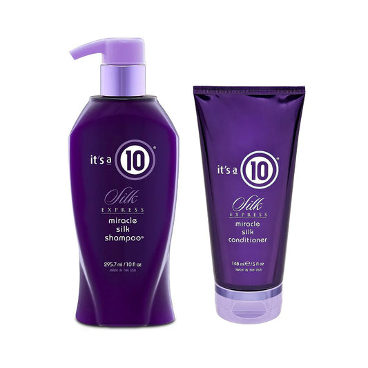 Purple shampoo and conditioner bottles with 'it's a 10' retail size on white background