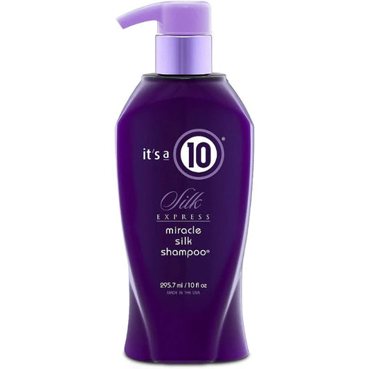 Purple shampoo bottle with pump labeled 'it's a 10' retail on a white background