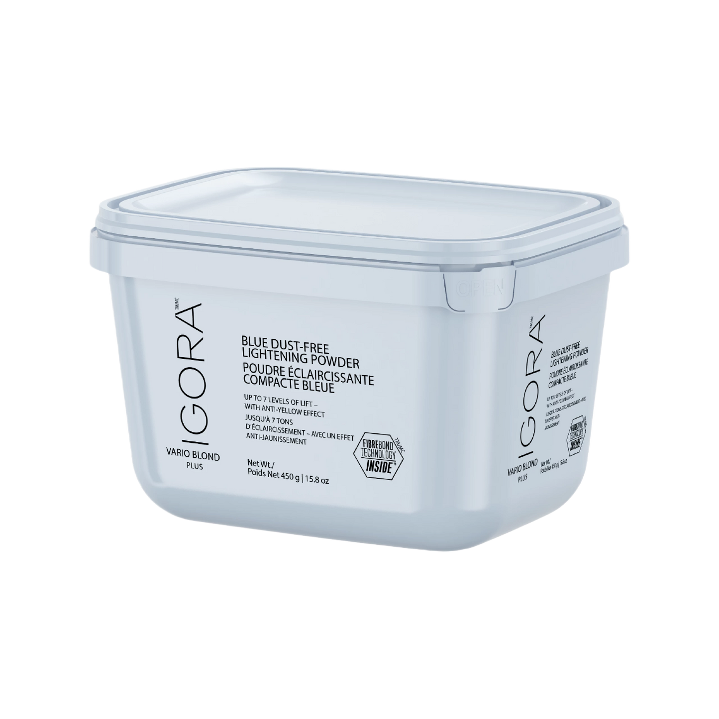 Igora blue dust-free lightening powder container on a white background