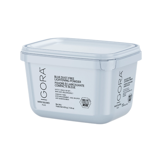 Igora blue dust-free lightening powder container on a white background