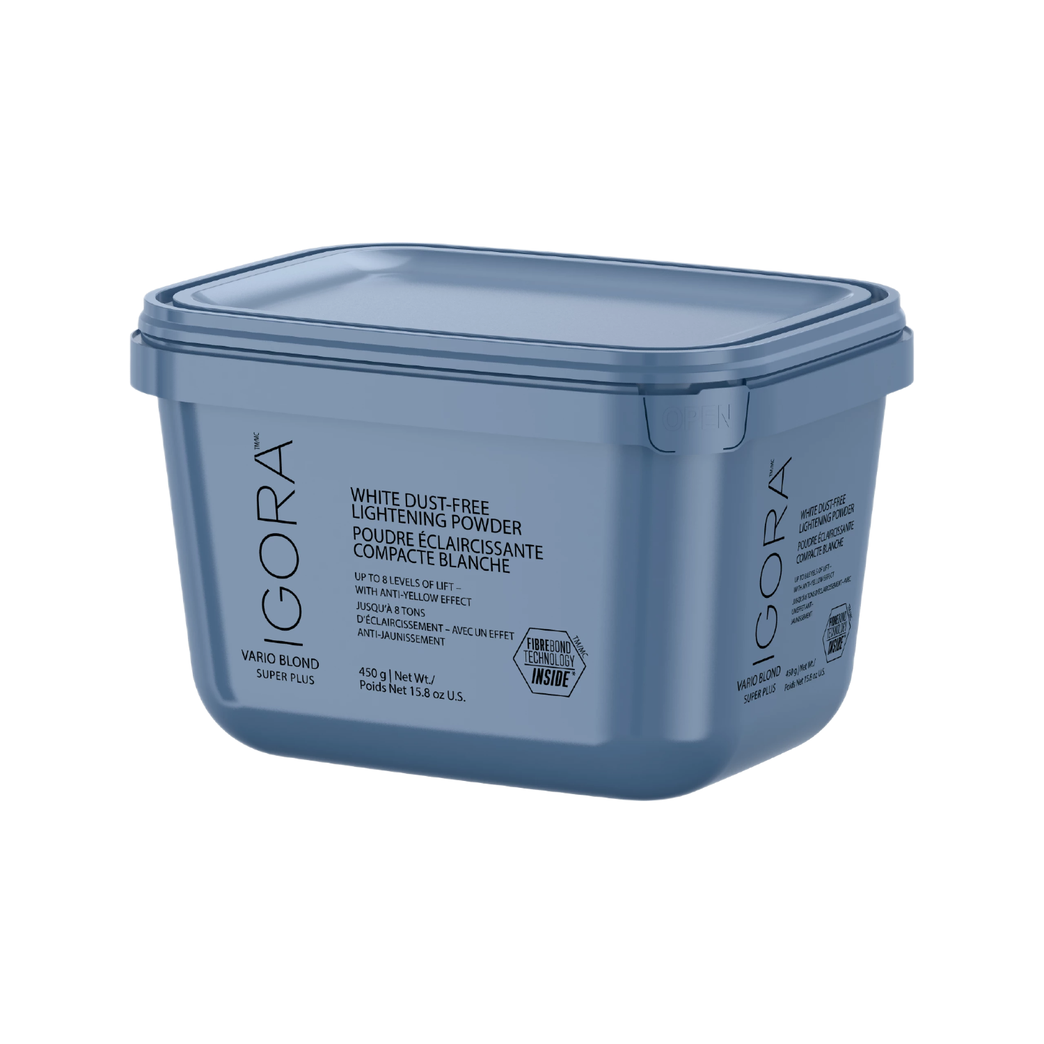 Blue container of IGORA hair product on a white background