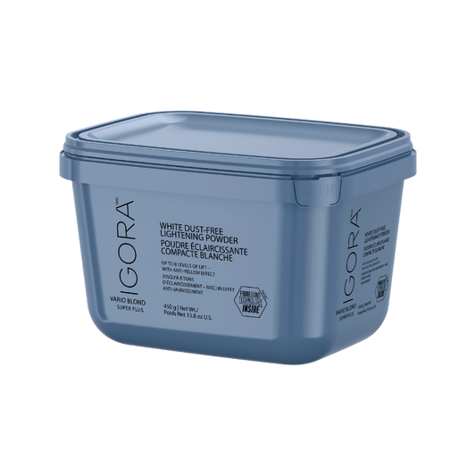 Blue container of IGORA hair product on a white background