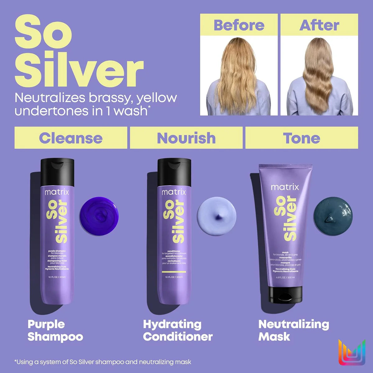 Matrix So Silver shampoo, conditioner and neutralizing hair mask 