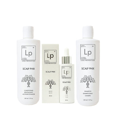 Complete set of scalp care products with 'Loss Prevention' branding on a white background