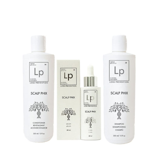 Complete set of scalp care products with 'Loss Prevention' branding on a white background