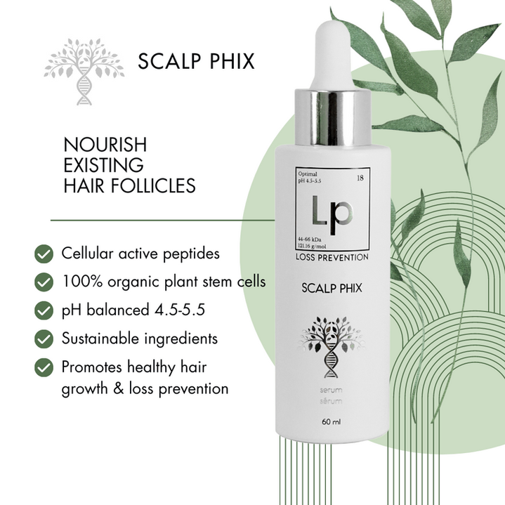 Scalp phix loss prevention serum care product with text highlighting benefits on a white background
