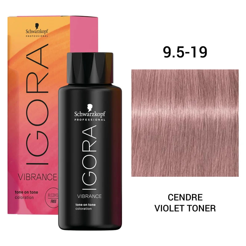Schwarzkopf Professional Igora Vibrance tone-on-tone coloration bottle in shade 9.5-19 Cendre Violet Toner, shown with its pink and orange box and a hair color swatch.