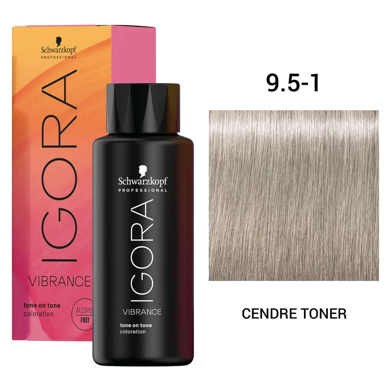 Schwarzkopf Professional Igora Vibrance Cendre Toner bottle in front of its pink and orange box, with a hair color swatch labeled 9.5-1 and 'CENDRE TONER' on a white background.