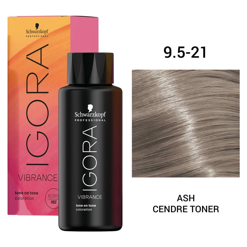 Schwarzkopf Professional Igora Vibrance tone on tone coloration kit in Ash Cendre Toner shade. The image shows the black bottle, its colorful orange and pink packaging box, and a hair color swatch on the right side.