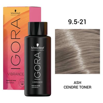 Schwarzkopf Professional Igora Vibrance tone on tone coloration kit in Ash Cendre Toner shade. The image shows the black bottle, its colorful orange and pink packaging box, and a hair color swatch on the right side.