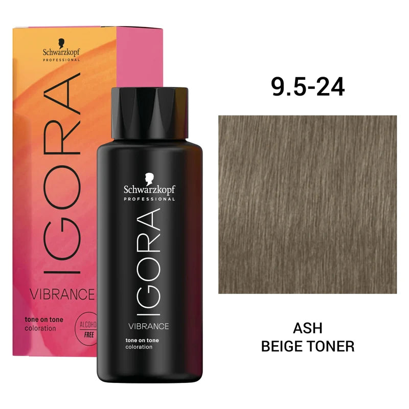 Schwarzkopf Professional Igora Vibration Tone on Tone colorizer in the shade Ash Beige Toner, showing the black bottle, its pink and orange packaging box, and a hair color swatch on a white background.