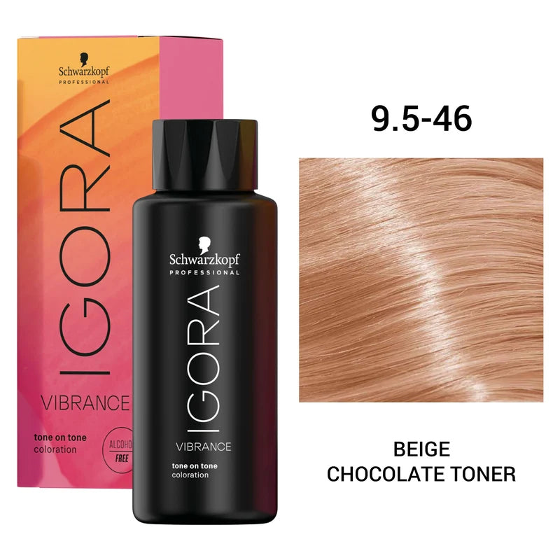 Schwarzkopf Professional Igora Vibrance tone on tone coloration bottle in shade 9.5-46 Beige Chocolate Toner, shown with its pink and orange box and a hair swatch on a white background.