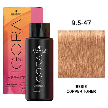 Schwarzkopf Professional Igora Vibrance tone-on-tone coloration bottle in shade 9.5-47 Beige Copper Toner, shown with its pink and orange box and a hair color swatch on a white background.