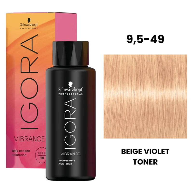 Schwarzkopf Professional Igora Vibrance tone on tone coloration bottle in shade 9,5-49 Beige Violet Toner, shown with its pink and orange gradient box and a hair color swatch on a white background.